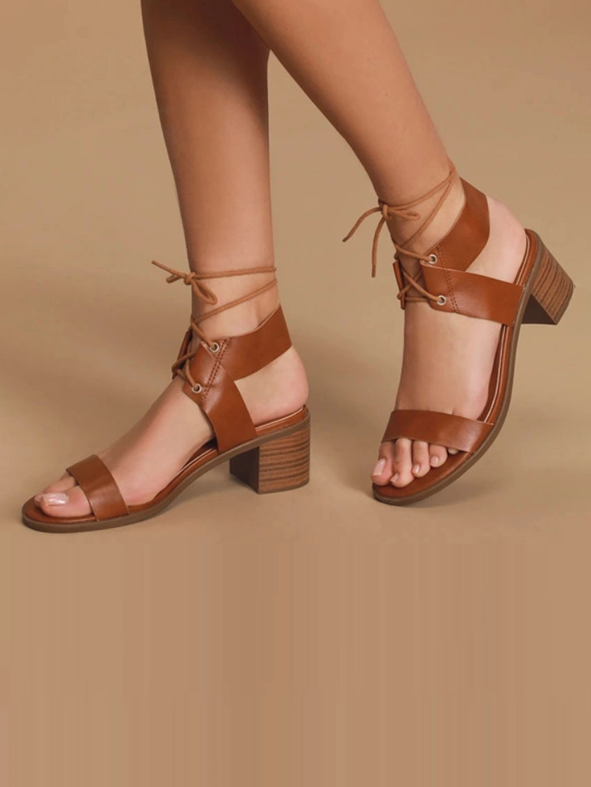 Sandali donna tacco quadrato cm pelle sintetica marrone lacci