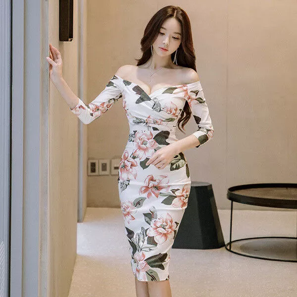 Elegante vestito abito tubino manica lunga bianco fiori scollato morbido 4710