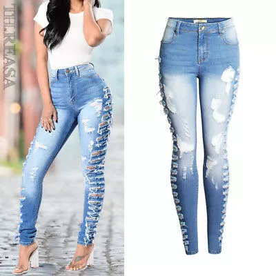 Pantaloni donna jeans misto cotone denim strappati slim stretti aderenti 6160