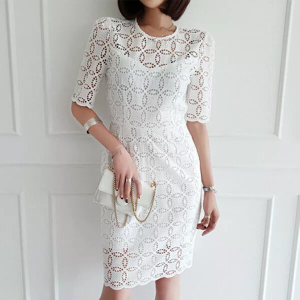 vestito lungo abito tubino elegante bianco pizzo slim morbido