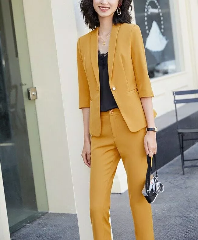 Tailleur donna completo elegante giallo senape giacca pantaloni slim 4891
