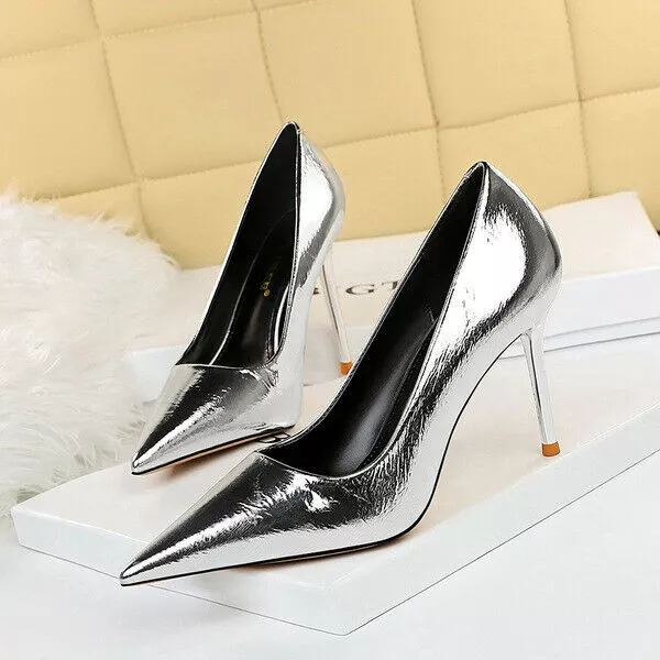 decolte scarpe donna eleganti comode argento lucido 10 cm pelle