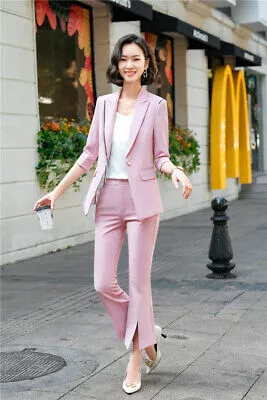 Tailleur completo donna rosa cipria giacca manica lunga pantalone elegante  4864