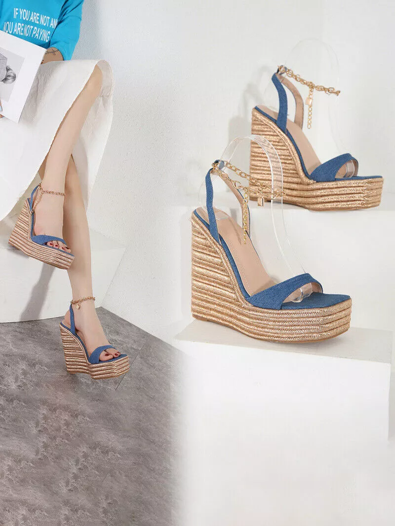 sandali zeppa 15 cm comodi blu denim jeans beige pelle sintetica