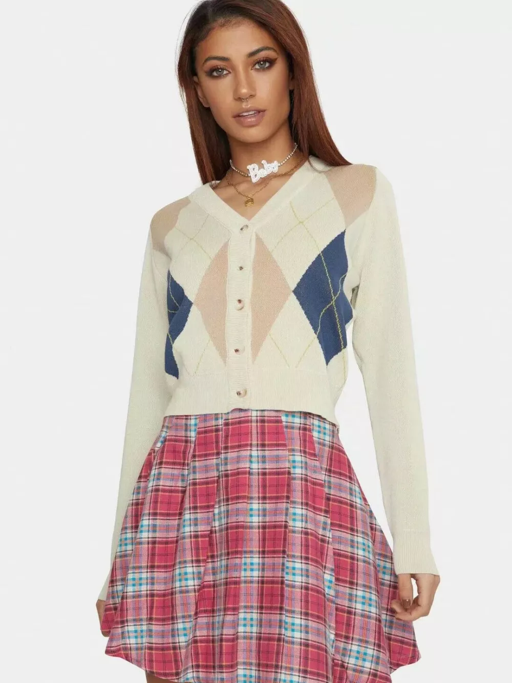 maglia maglione donna maniche lunghe morbida beige rombi