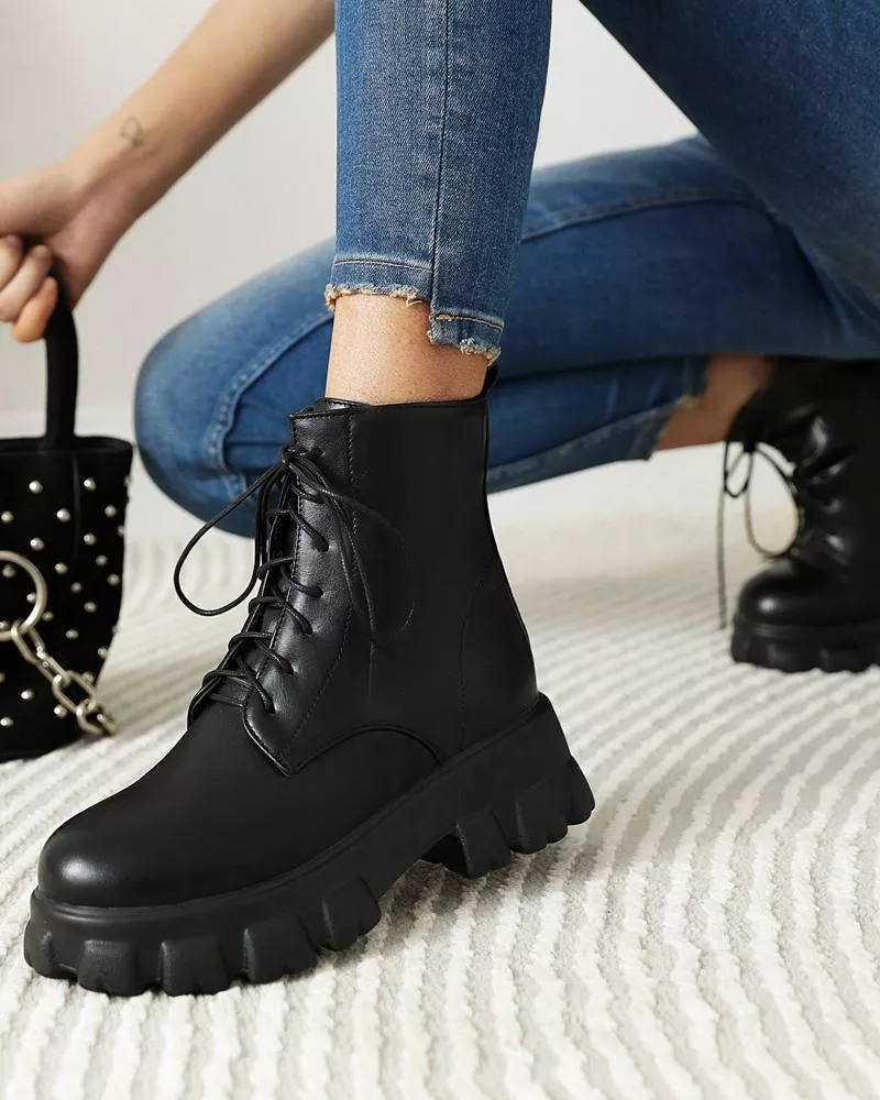 Stivaletti stivali anfibi donna platform comodi pelle sintetica nero CZ346