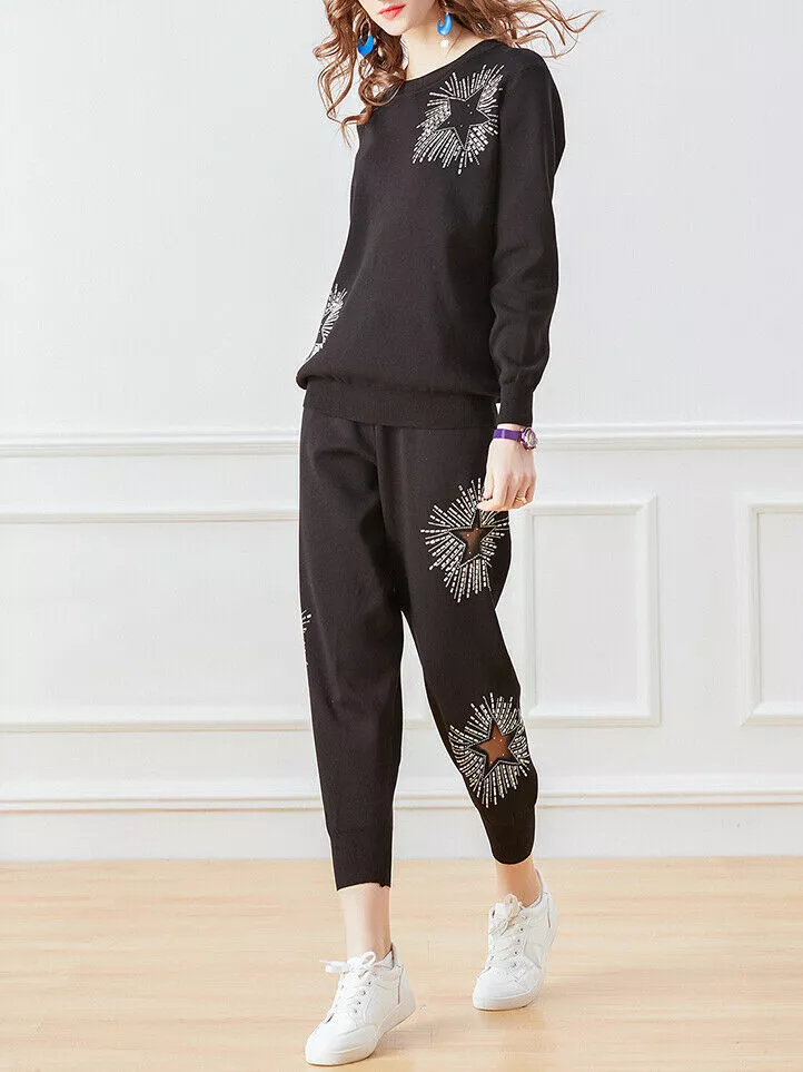 completo donna maglia pantaloni sportivo tuta casa nero colorato