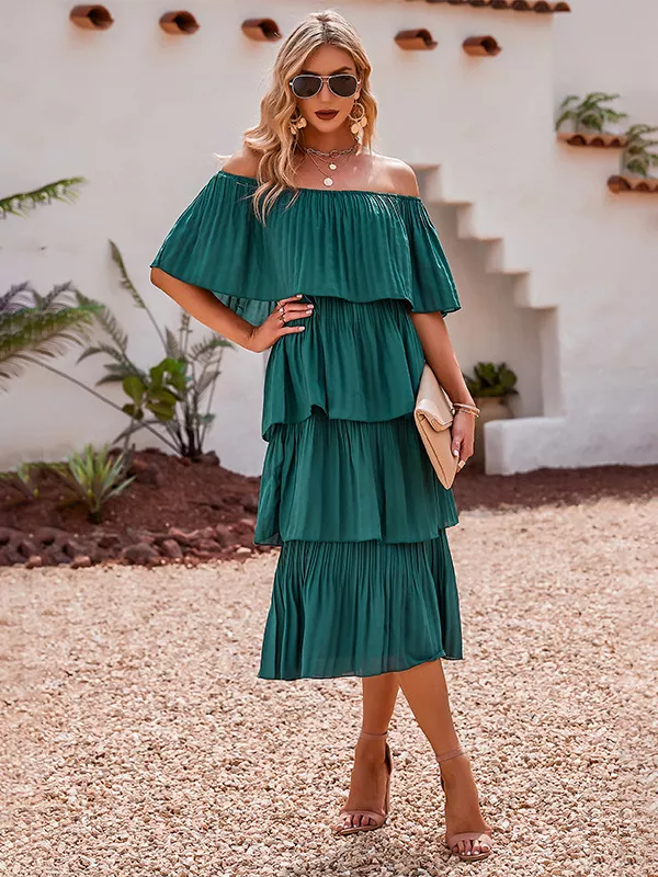 Kancystore Abito Donna Taglie Forti Manica Corta Scollo Svasato – Vestito Estivo Con Tasche, Verde Foglia (XL)