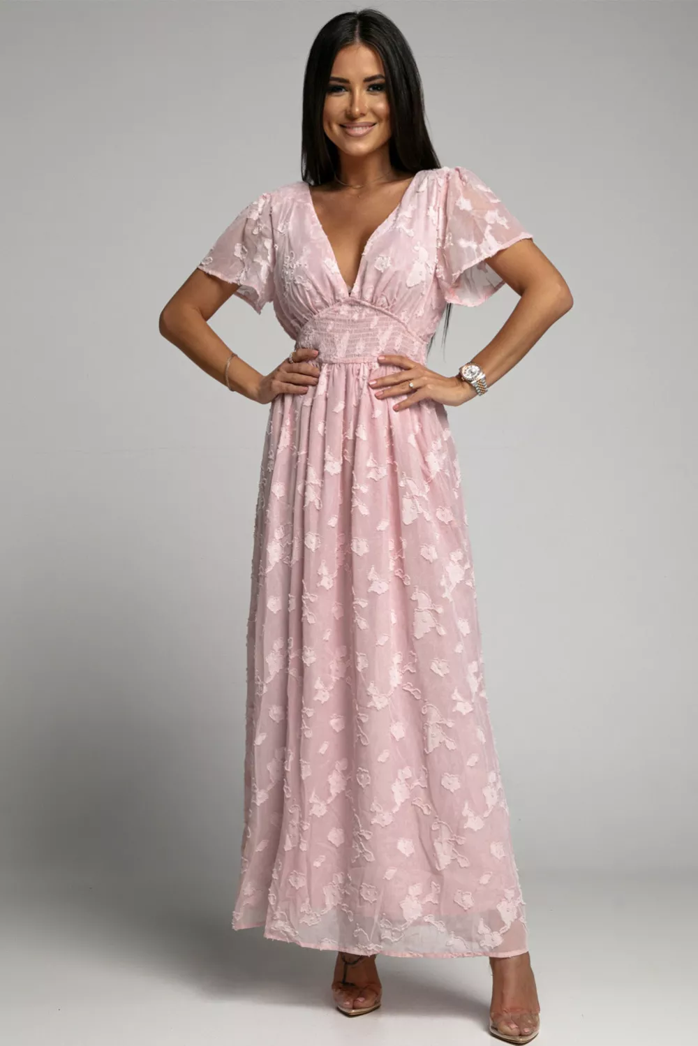 vestito maxi abito donna elegante lungo rosa cipria bohemian