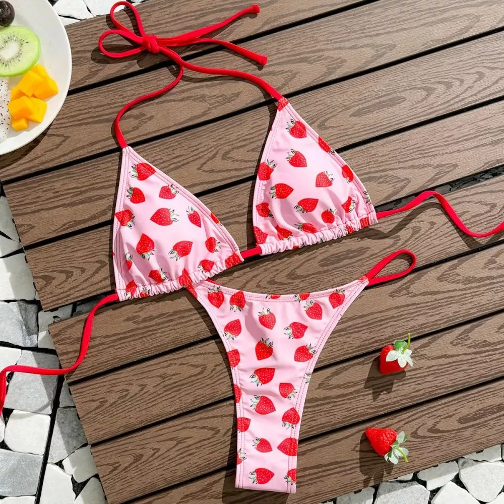 Sexy Micro Bikini Fragola Lingerie Carino Anime Cosplay Tanga Kawaii Reggiseno e Panty Bianco 1 Taglia unica