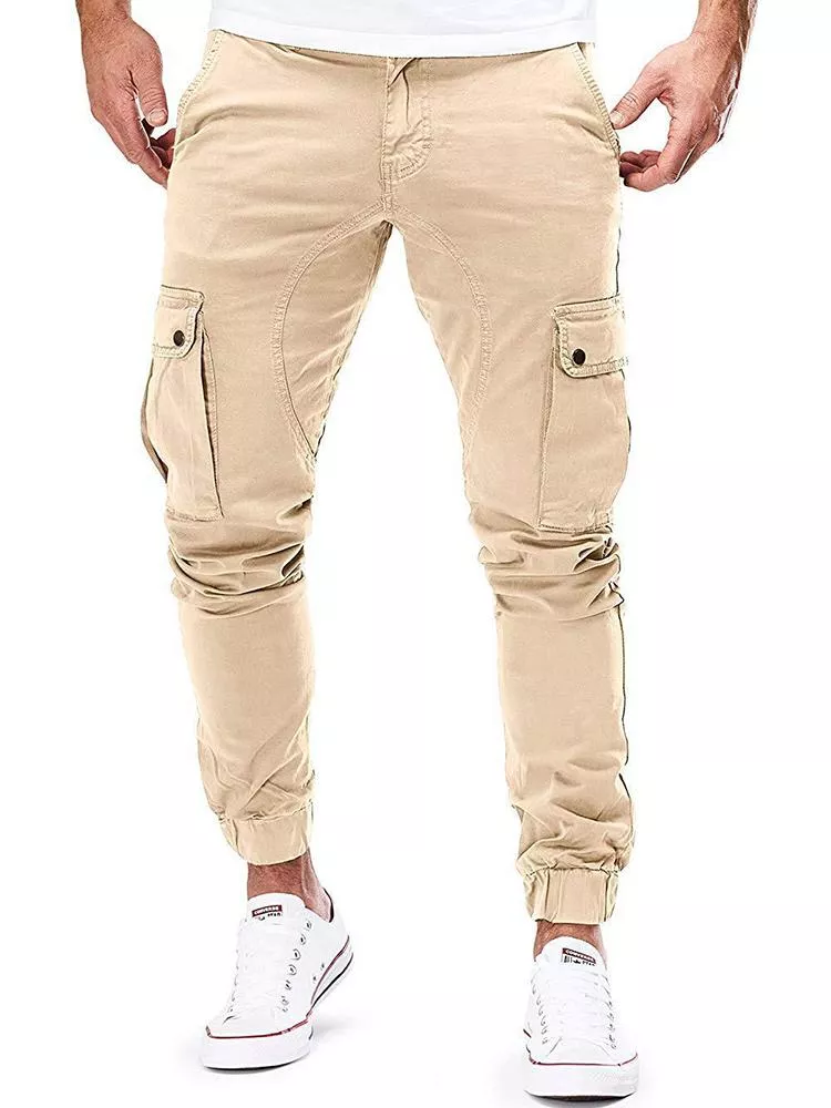 Pantaloni Uomo Cargo Slim Fit Beige Con Tasche Laterali Look