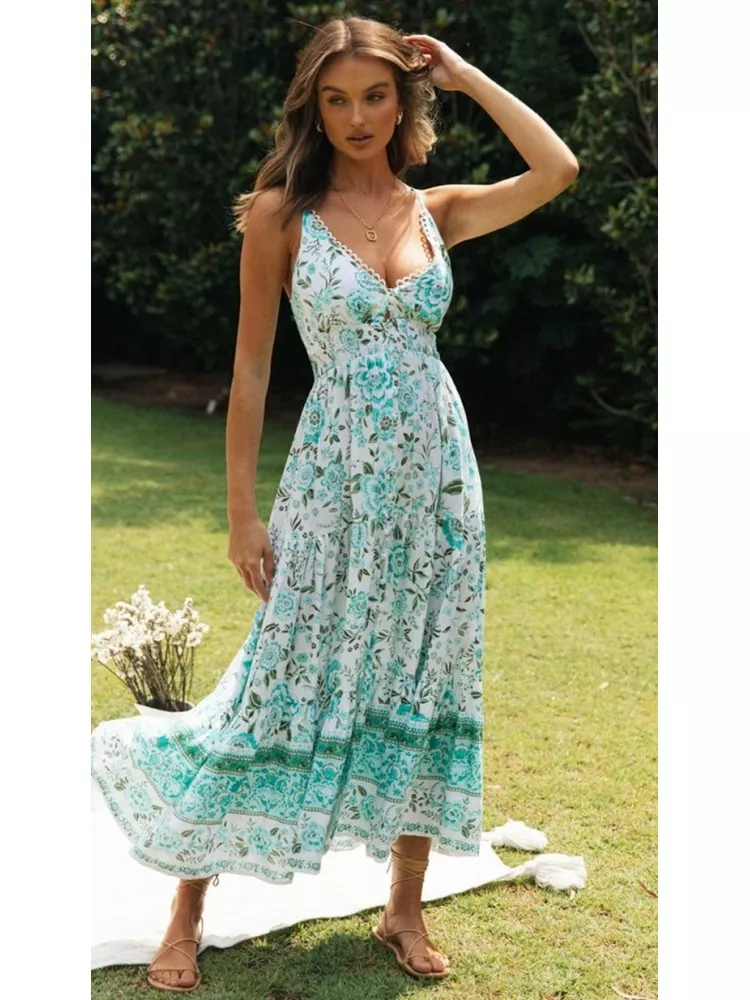 vestito abito donna elegante lungo verde fiori bohemian Boho