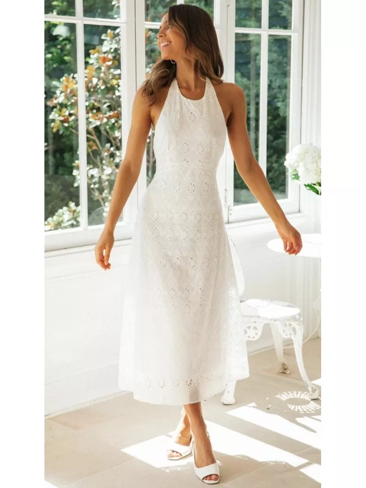 vestito abito donna elegante lungo bianco pizzo bohemian Boho