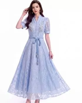Abito donna blu maniche corte vita alta elegante con gonna ampia vista frontale