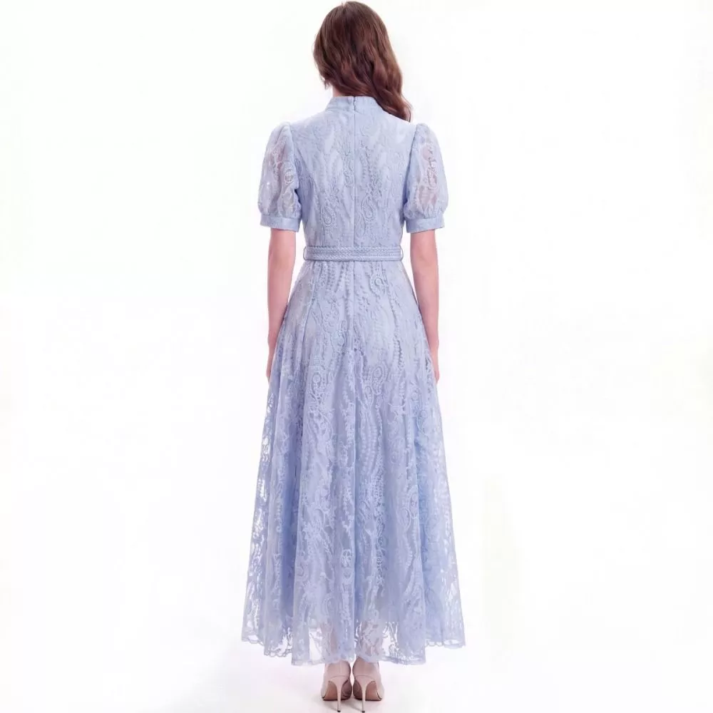 Abito Donna Blu Maniche Corte Vita Alta Elegante Poliestere Midi TDJ6C