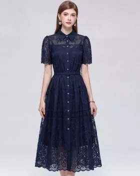 Abito donna blu navy in tessuto sintetico con maniche corte e gonna midi a ruota, vista frontale