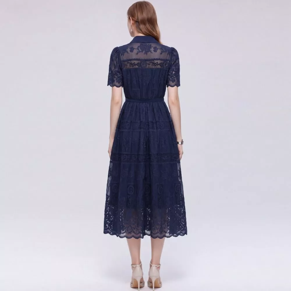 Abito Donna Blu Navy Vita Alta Cintura Maniche Corte Elegante 95cm 878IH