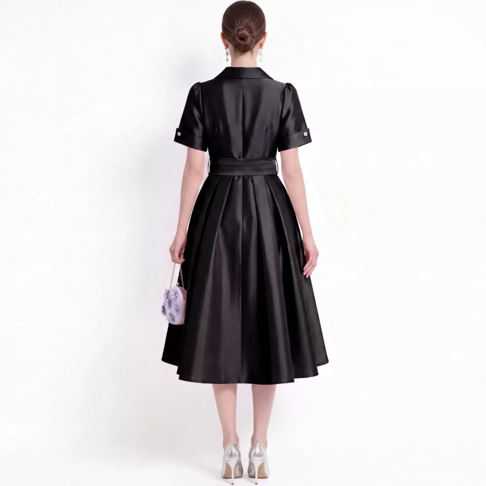 Abito Donna Nero Elegante Vita Alta Maniche Corte Taglio A-Line VD4N4