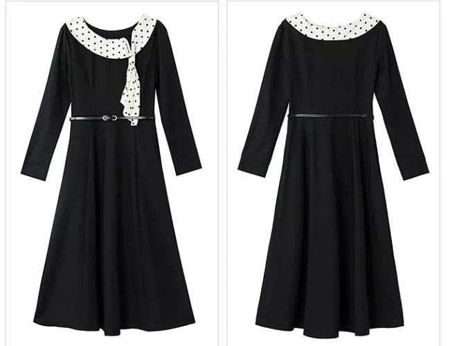 Abito Donna Nero Maniche Lunghe con Finta Sciarpa a Pois 120-124cm E78SA