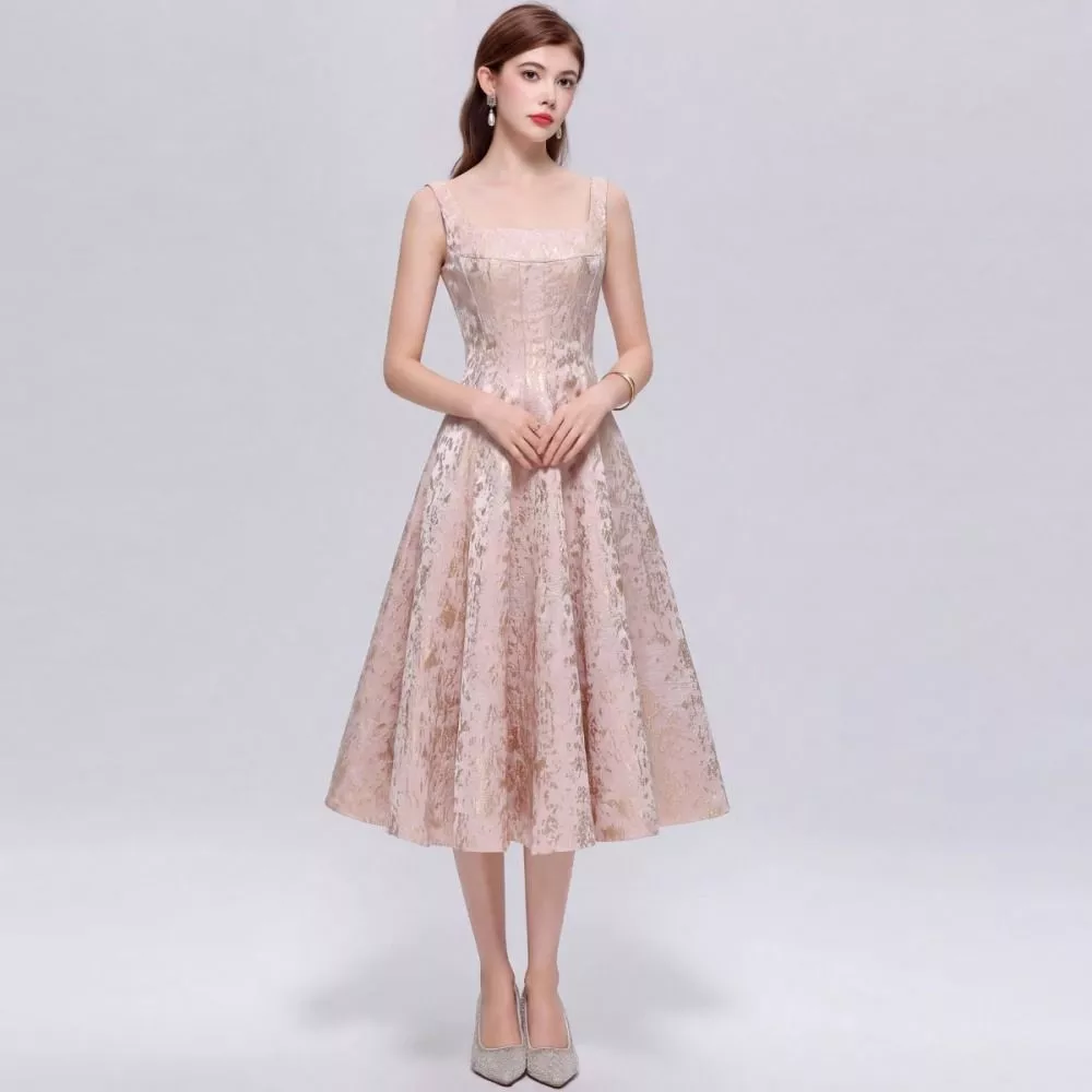 Abito Donna Rosa Chiaro Smanicato Vita Alta Linea A Farfalla Elegante 3D7C5