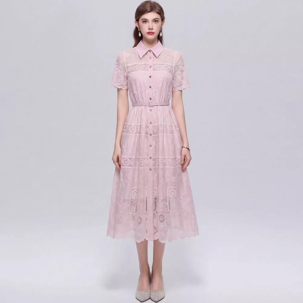 Retro abito midi rosa in pizzo con maniche corte e cintura
