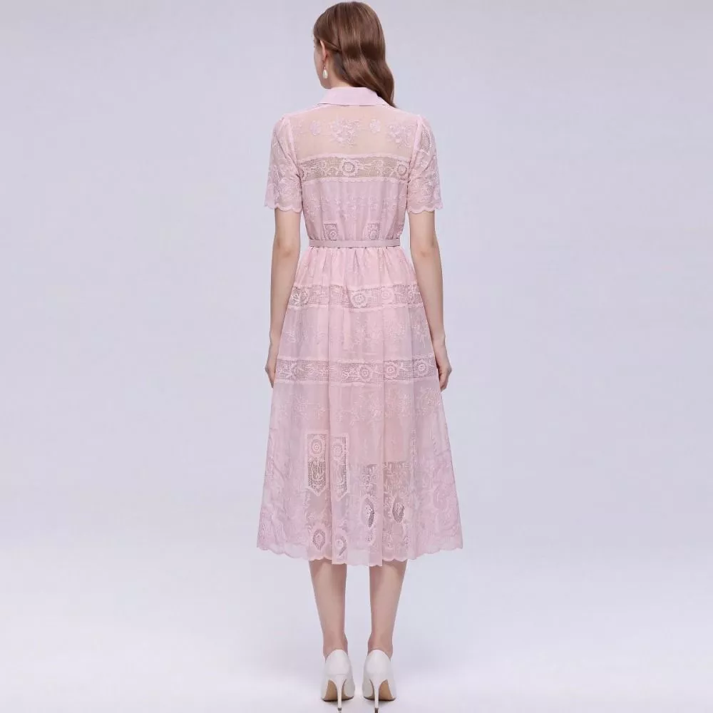 Abito Donna Rosa Pizzo Maniche Corte Vita Alta Elegante 94cm BH41G