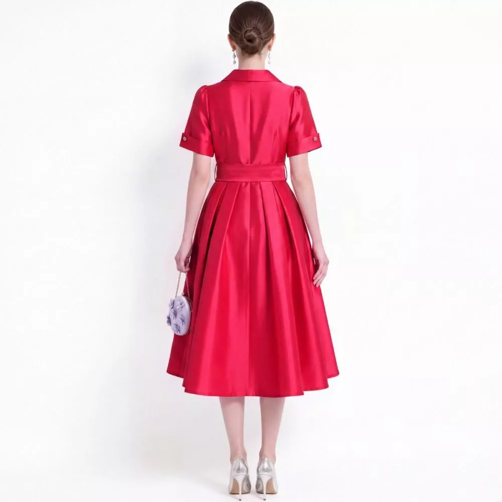Abito Longuette Donna Elegante Maniche Corte Vita Alta Rosa-Red QGATH