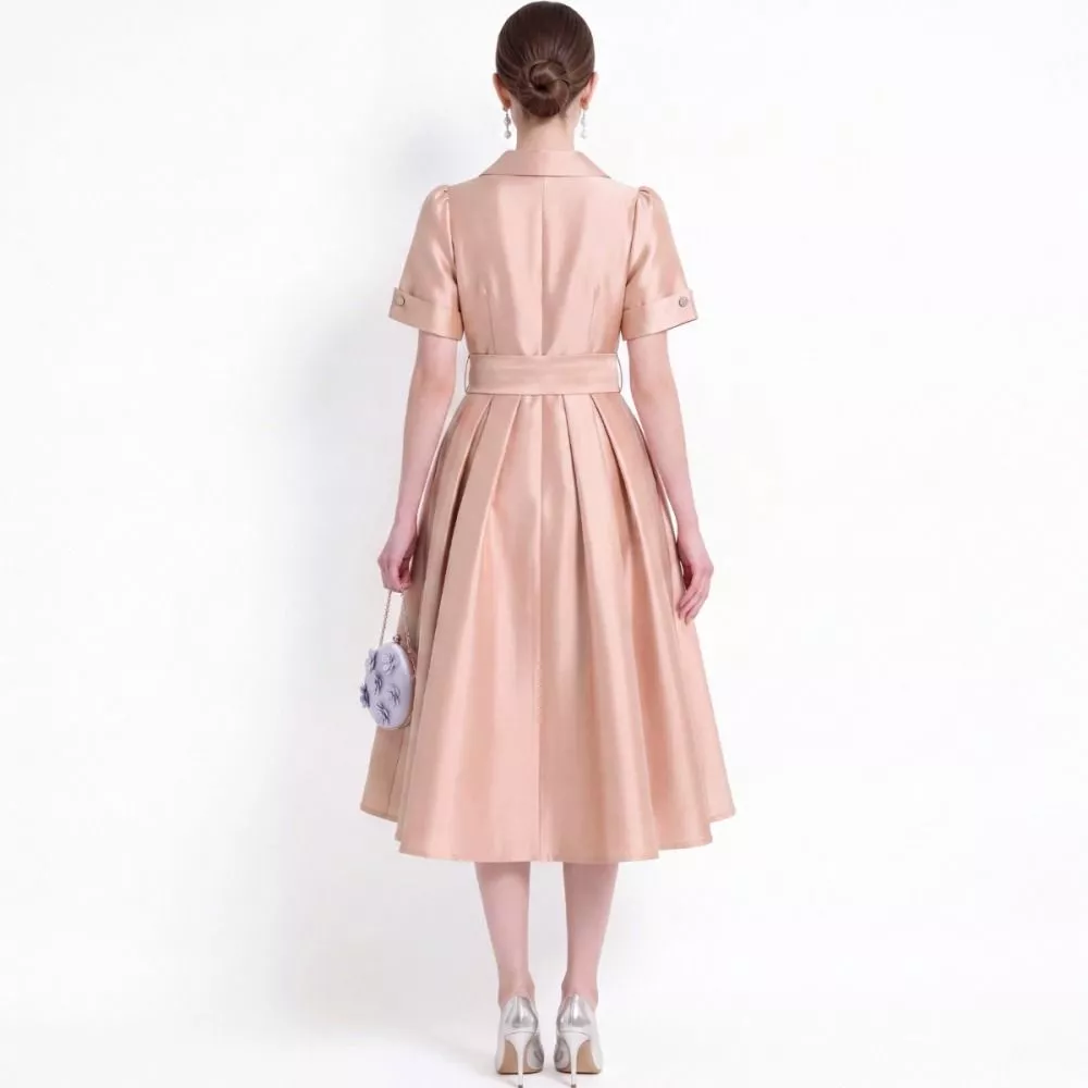 Abito Longuette Donna Rosa Maniche Corte Vita Alta Elegante Taffet&agrave; 115cm CLU8N