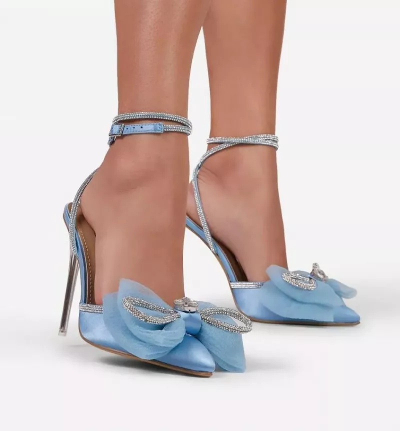 Sandali donna tacco spillo 12 cm azzurro gioiello strass pelle