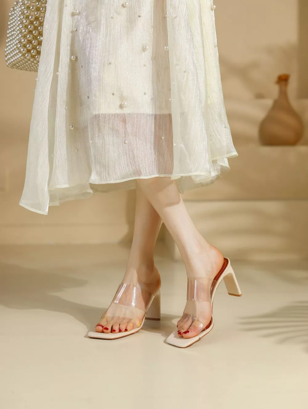 Sandali sabot ciabatte donna tacco alto 10 cm beige pelle