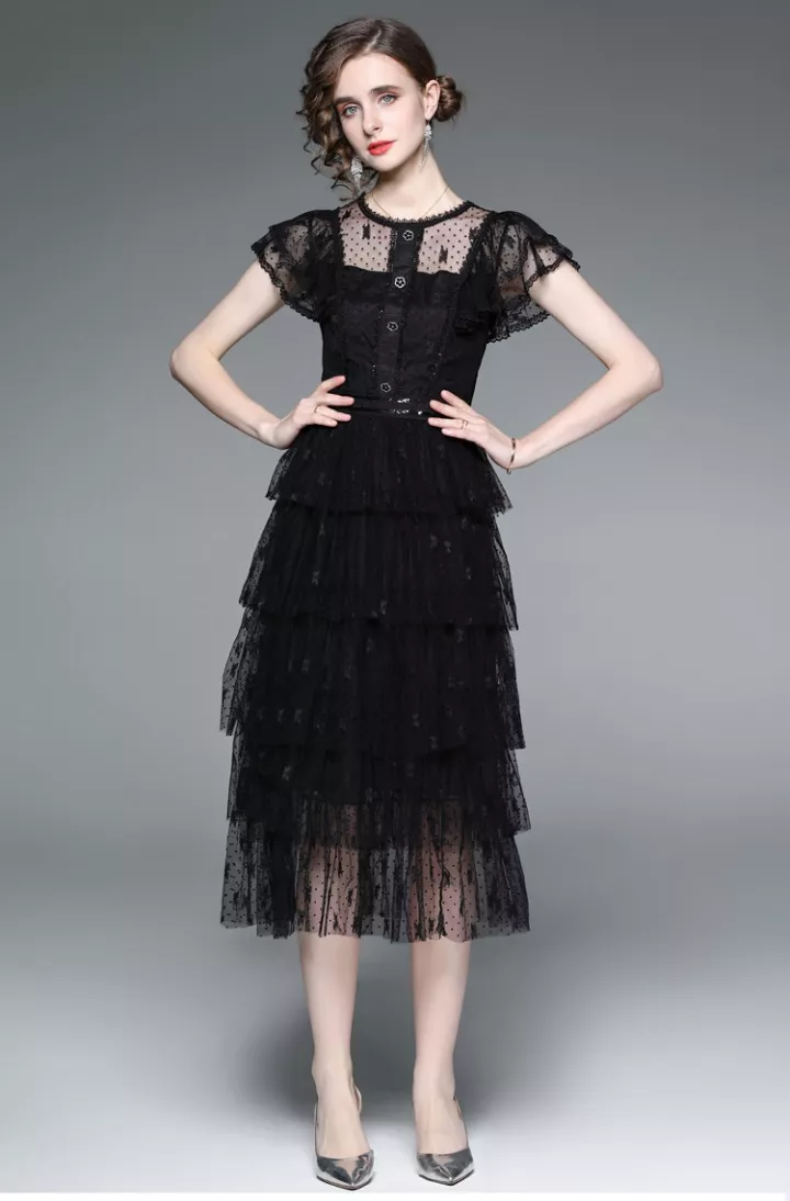 vestito abito donna longuette vintage nero pizzo ginocchio raso