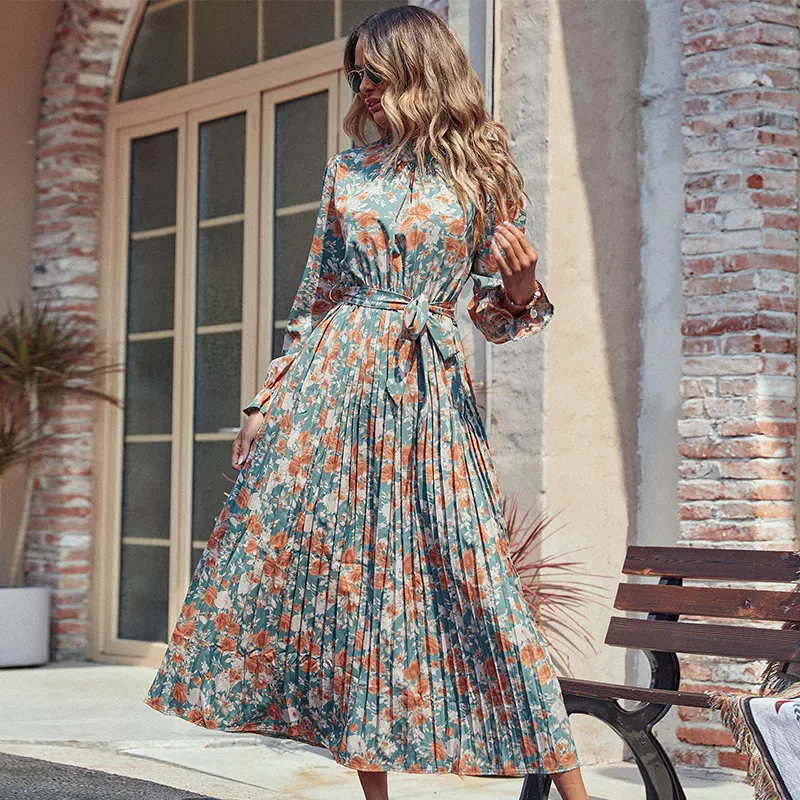 Abito Lungo Maxi Donna OSTOO Boho Stampa Floreale – Scollo Rotondo Con Fiocco E Vita Alta – Taglie M A XXL