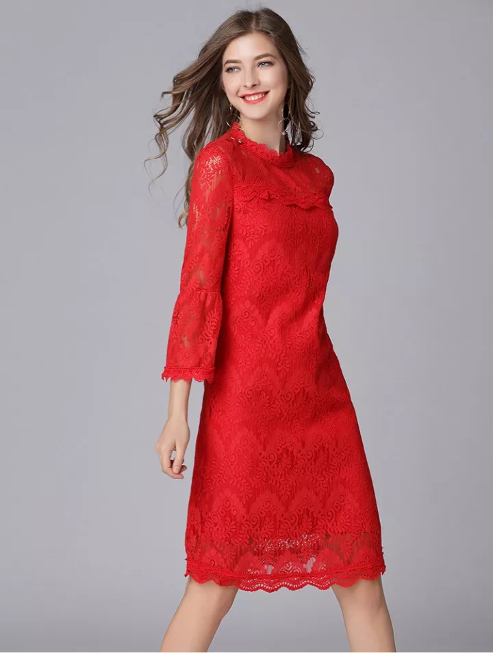 Tubino Vestito Abito Elegante Manica Lunga Rosso Pizzo Raso