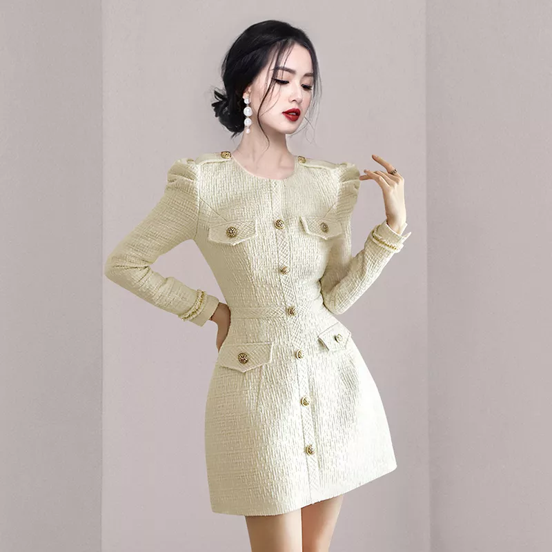 Abito Vestito Donna Corto Bianco Beige Coco Tweed Manica Lunga