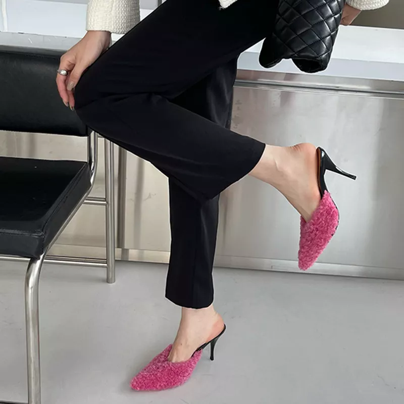 Decolte Scarpe Donna Sabot cm Rosa Pelliccia Eleganti Pelle