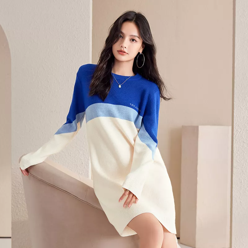 Tubino Vestito Abito Elegante Manica Maxi Maglia Beige Blu