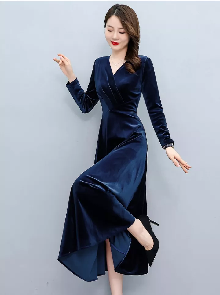 Vestito Lungo Blu Velluto Vestito Abito Elegante Lungo Elegante