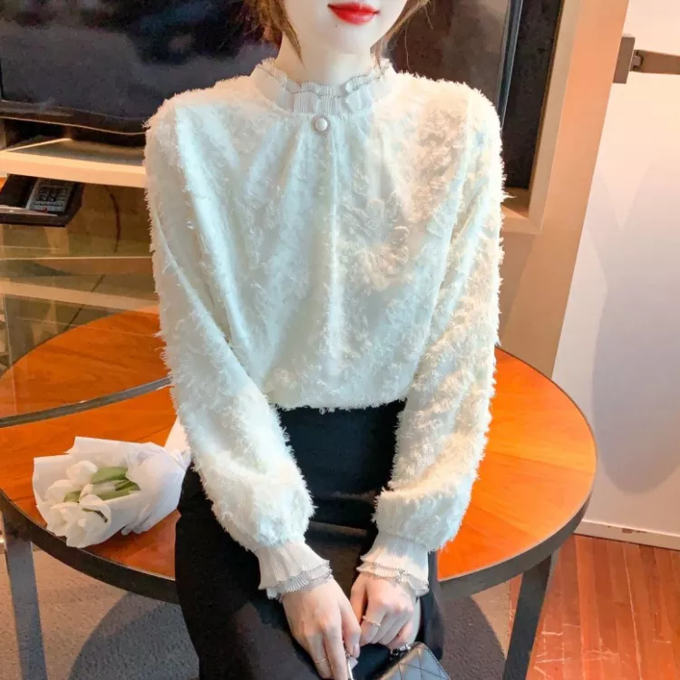 Camicia Maglia Blusa Donna Camicetta Maniche Lunghe Bianco