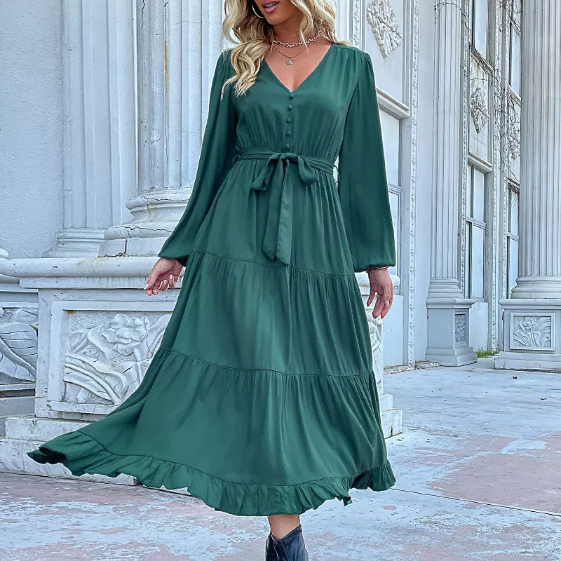 Vestito Abito Elegante Lungo Elegante Verde Ottanio Cintura