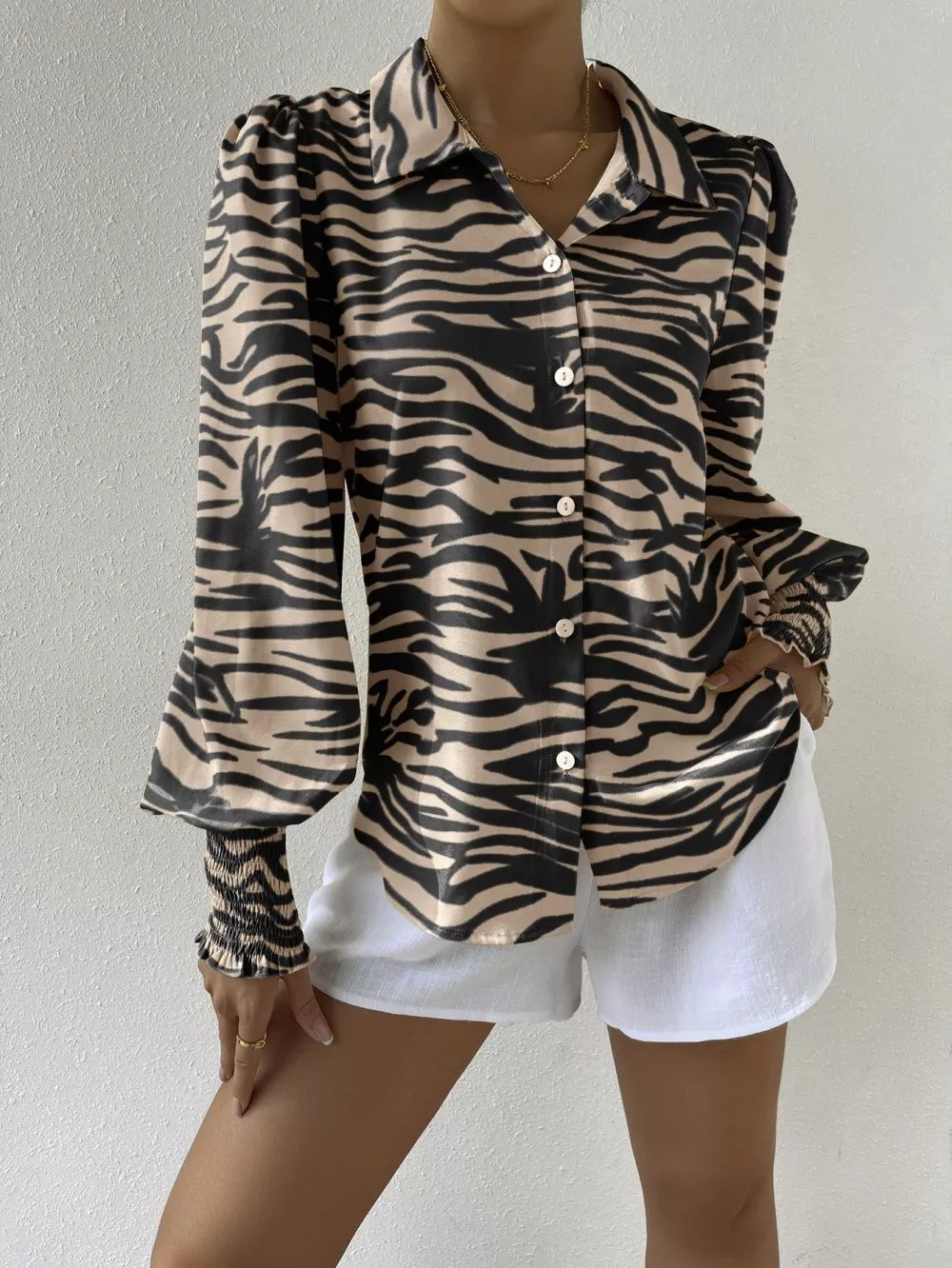Camicia Maglia Blusa Donna Camicetta Raso Beige Animalier