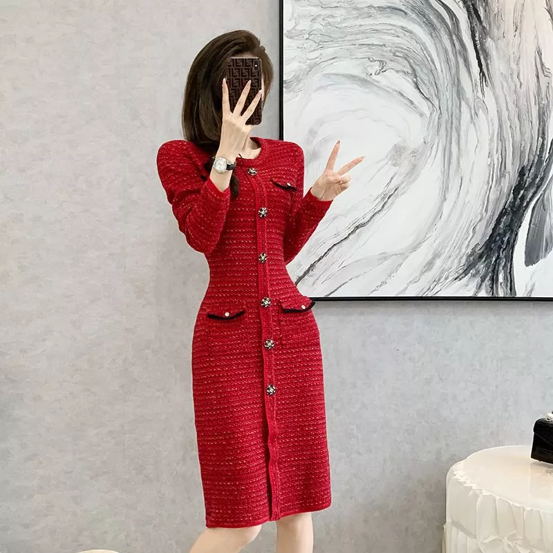 Tubino Vestito Abito Donna Elegante Manica Lunga Rosso Morbido