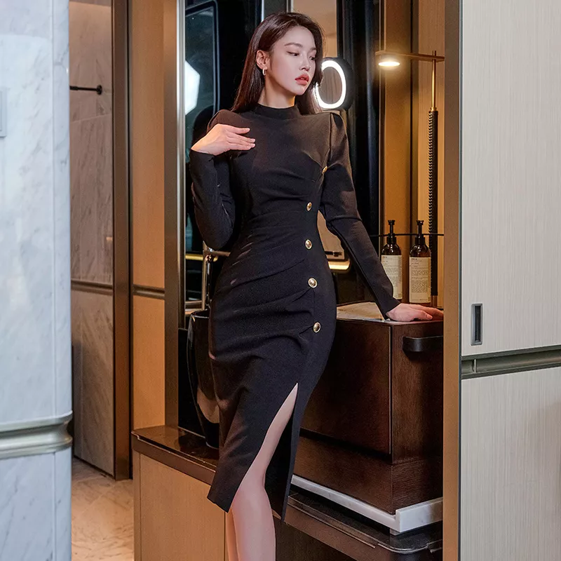 Tubino Vestito Abito Donna Elegante Manica Lunga Nero Spacco