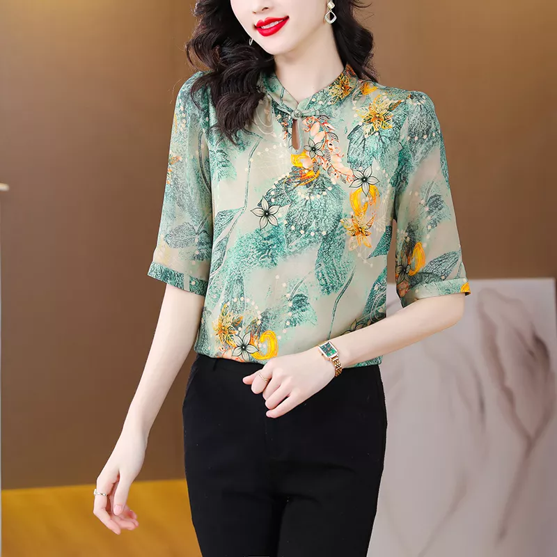 Camicia Maglia Blusa Donna Camicetta Verde Fiori Scollata
