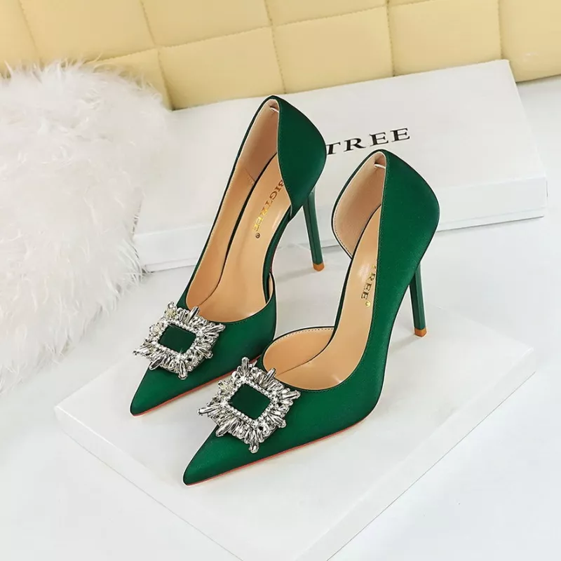 Decolte Scarpe Gioiello Donna Tacco cm Verde Strass Pelle