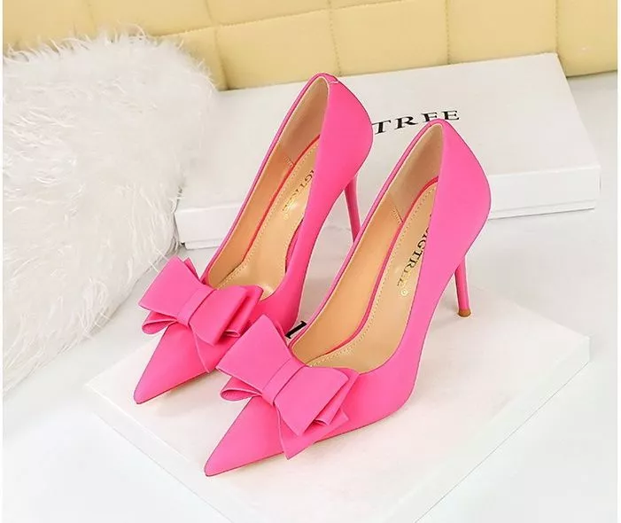 Decolte Scarpe Donna 10 cm Rosa Fluo Fiocco Eleganti Pelle Sintetica 79741