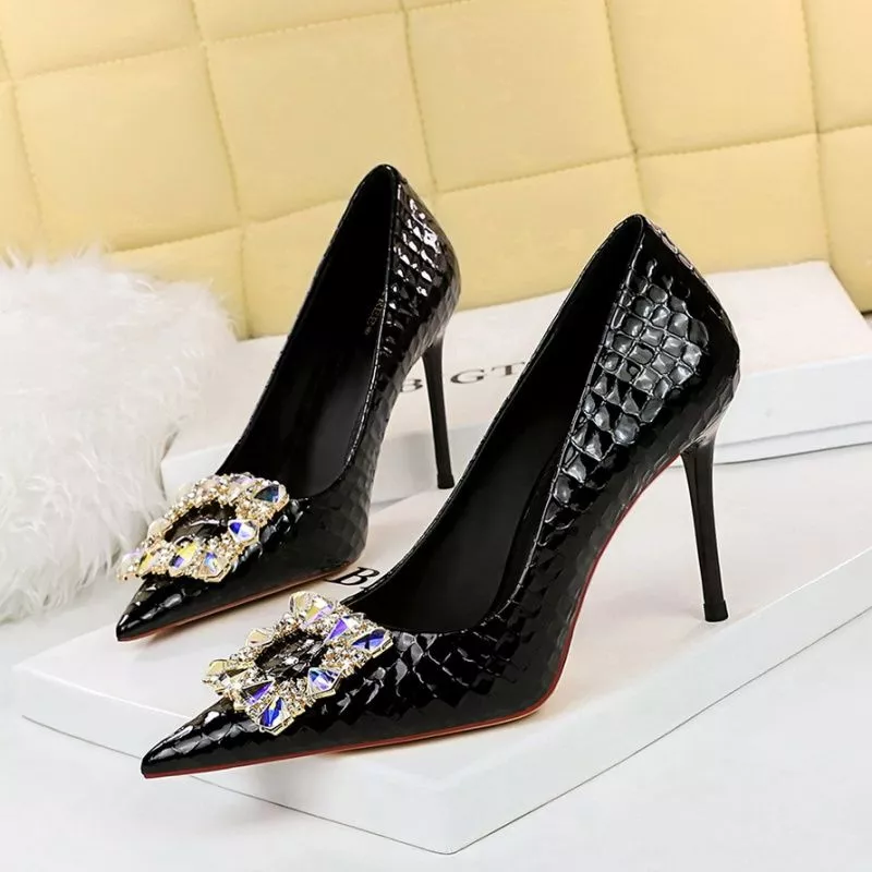 Decolte Scarpe Donna 10 cm Nero Gioiello Strass Eleganti Pelle