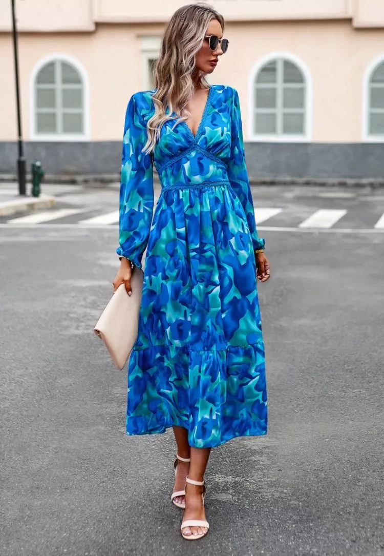 Abito Elegante Vestito A Fiori Azzurro Vestito Abito Elegante Lungo