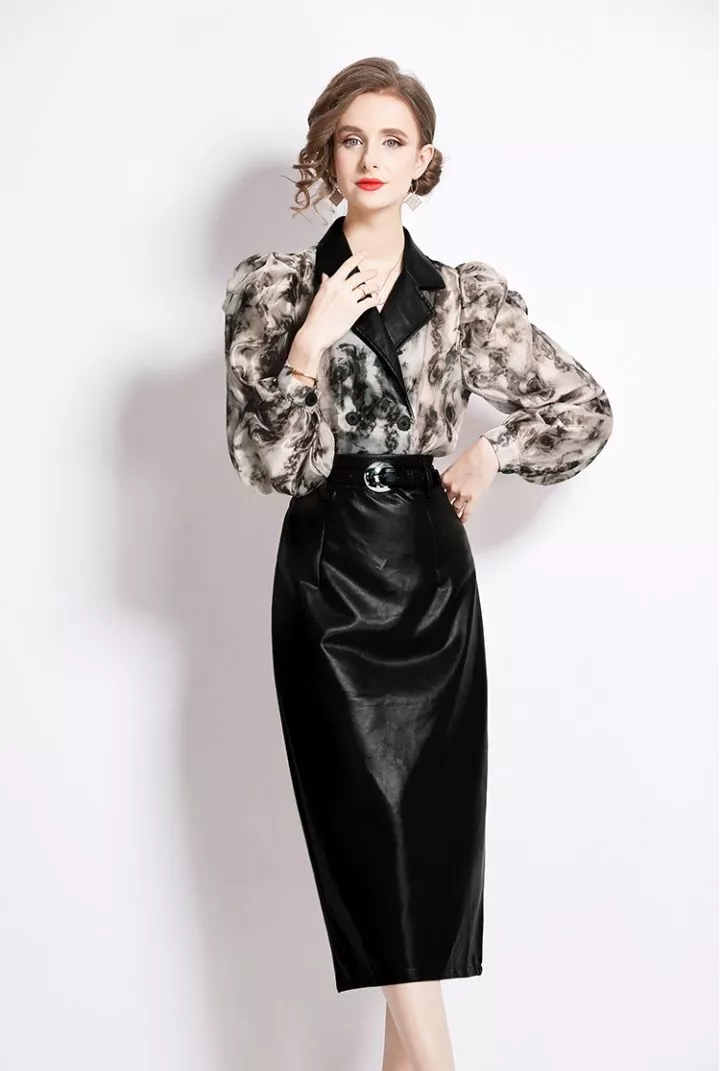 Set Donna Tailleur Outfit Gonna Tubino Camicia Manica Lunga Nero