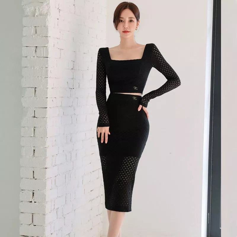 Abito Gonna Tubino Nero Outfit Set Donna Tailleur Outfit Gonna