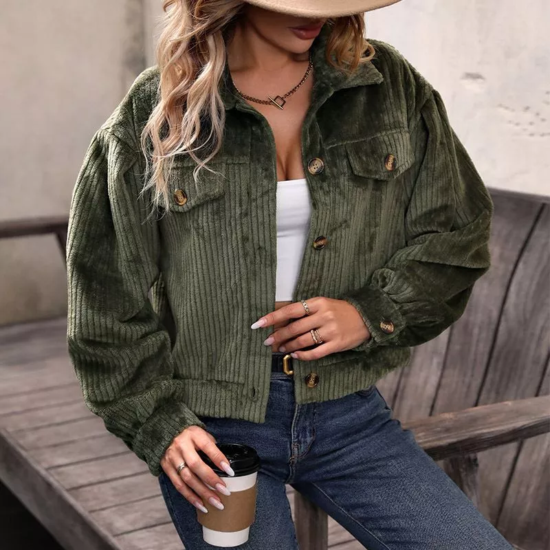 Cappotto Donna Giacca Corto Verde Militare Coste Morbida Velluto